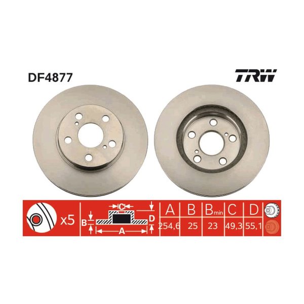 Диск тормозной перед Toyota 43512-32300 TRW DF4877 #T19#/21# ST20# NZT240 ZZT230 ZZV50 ZVW30D=255