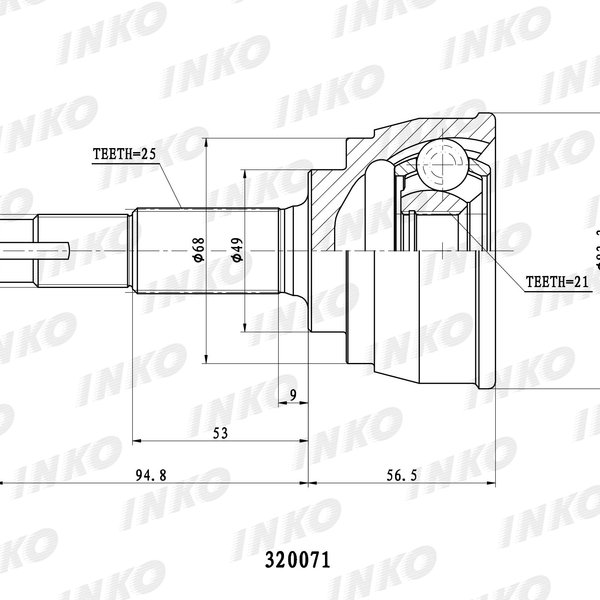 Шрус Nissan HR15DE C11 2WD Inko 320071 без кольца ABS 21/49/25