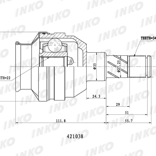 Шрус внутренний Chevrolet 96489845 INKO 421038 34/22 ABS (Lanos. Sens)  